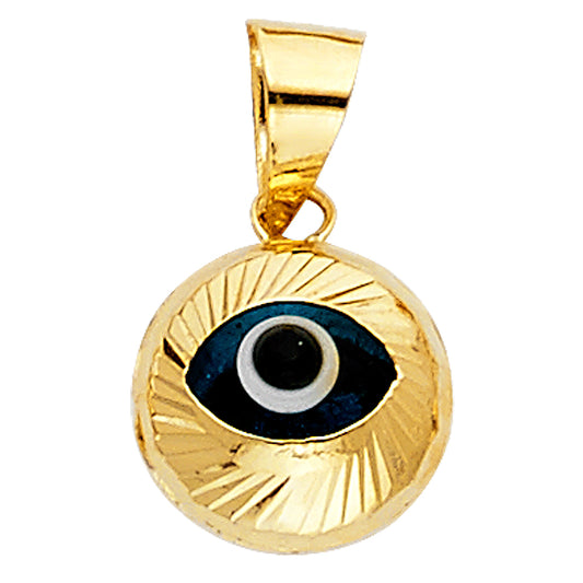 14K Yellow Gold Round Diamond-Cut Blue Enamel Evil Eye Pendant