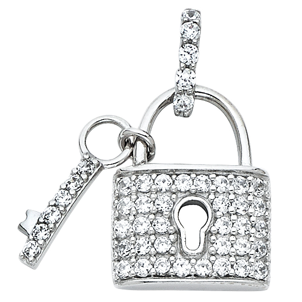 14K White Gold Lock and Key Pendant with CZ Accents