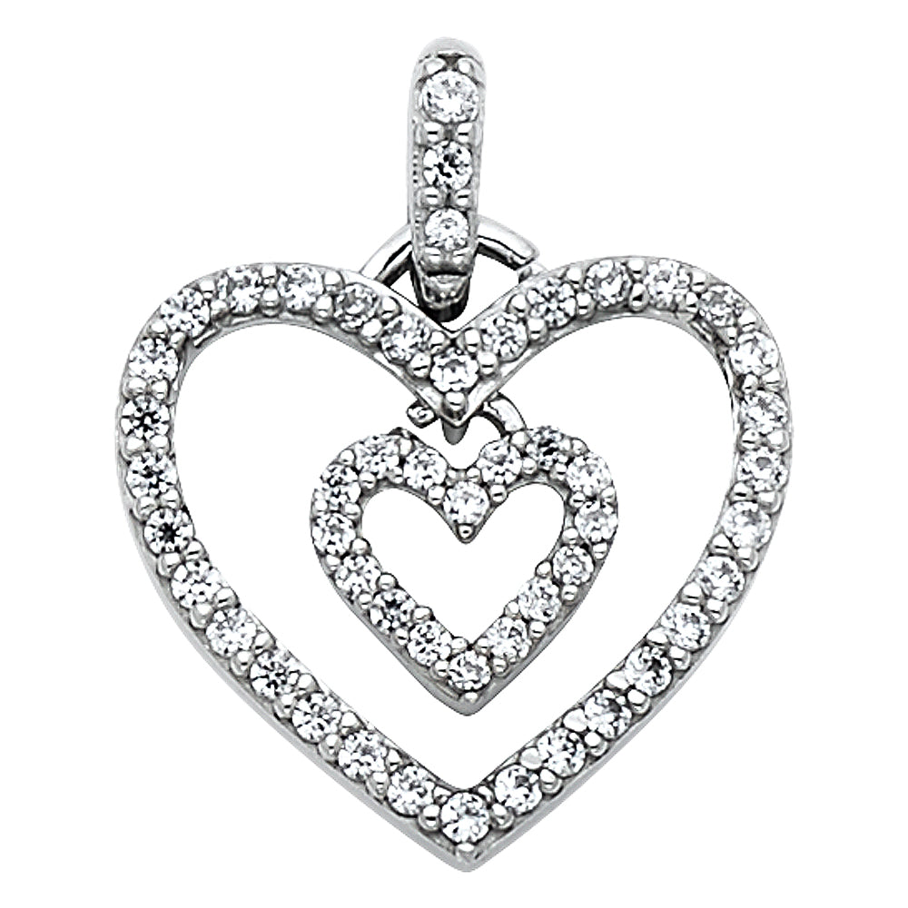 14K White Gold Double Heart Pendant with Cubic Zirconia