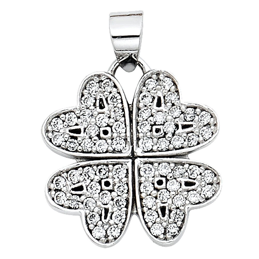 14K White Gold Four-Leaf Clover CZ Pendant
