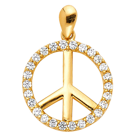 14K Yellow Gold Peace Sign Design CZ Pendant