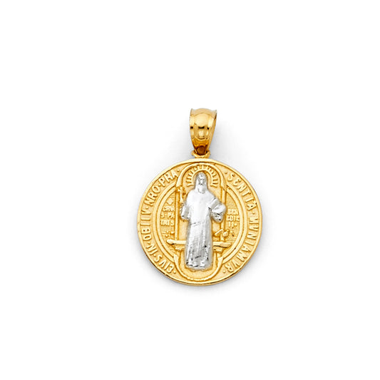 14K Two-Tone Gold Saint Benedict Round Medal Pendant 3/4" tall