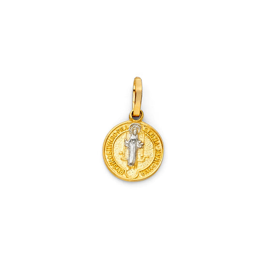 14K Two-Tone Gold Saint Benedict Round Medal Pendant 1/2" tall