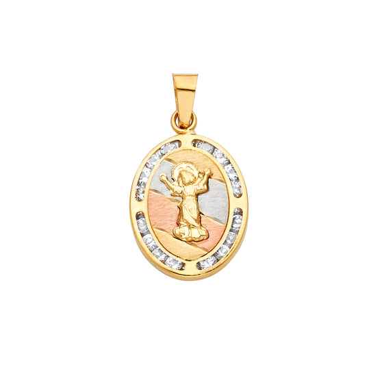 14K Tri-Color Gold Oval Angel CZ Pendant aprox 3/4" tall