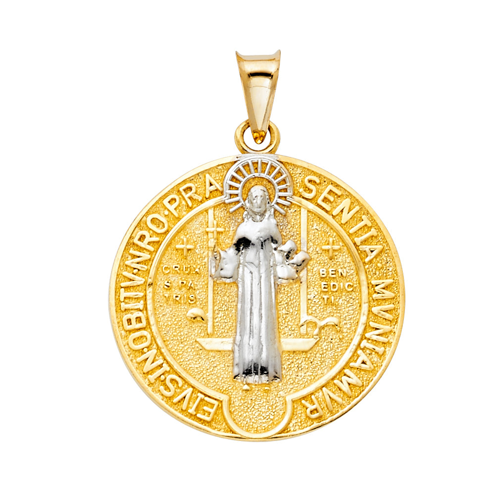 14K Two-Tone Gold Saint Benedict Round Medal Pendant 1" tall