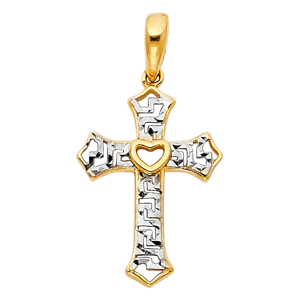 14K Two-Tone Gold Heart Center Diamond-Cut Cross Pendant aprox 1" tall