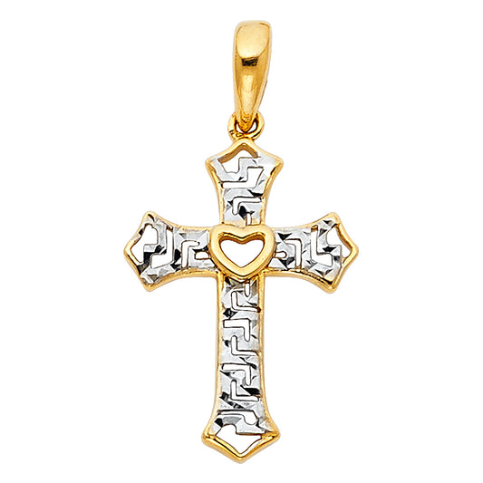 14K Two-Tone Gold Heart Center Diamond-Cut Cross Pendant aprox 1" tall