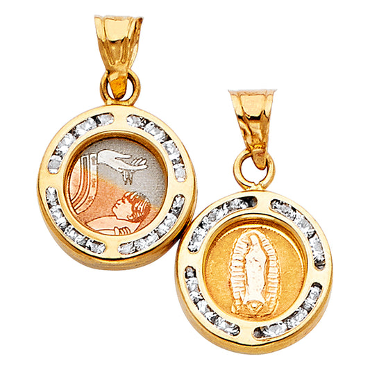 14K Tri-Color Gold Double Sided Guadalupe & Baptism Round CZ Medallion Pendant aprox 1/2" tall