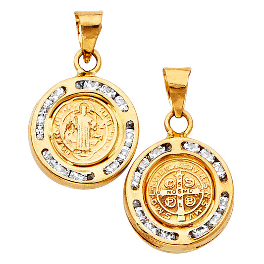 14K Yellow Gold Double Sided Saint Benedict Round Medal CZ Pendant aprox 1/2" tall