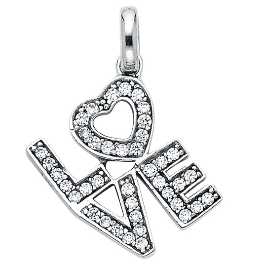 14K White Gold “LOVE” Heart Design CZ Pendant