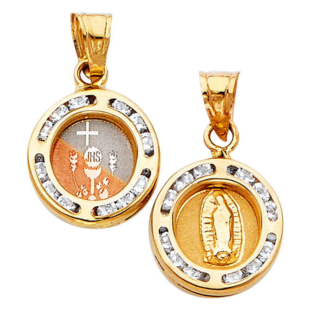 14K Tri-Color Gold Double Sided Guadalupe & Communion Round CZ Medallion Pendant aprox 1/2" tall