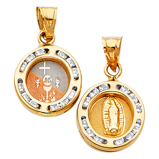 14K Tri-Color Gold Double Sided Guadalupe & Communion Round CZ Medallion Pendant aprox 1/2" tall