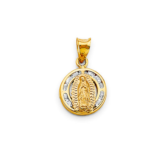 14K Two-Tone Gold Round Virgin Guadalupe CZ Medallion Pendant aprox  1/2" tall
