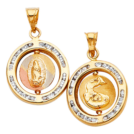 14K Tri-Color Gold Double Sided Guadalupe & Baptism Round CZ Medallion Pendant aprox 1/2" tall