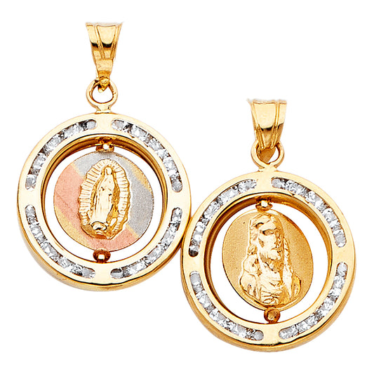 14K Tri-Color Gold Double Sided Guadalupe & Sacred Heart Round CZ Medallion Pendant aprox 1/2" tall