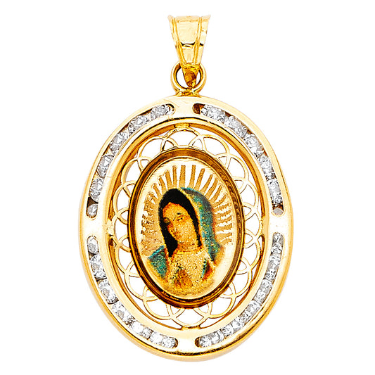 14K Yellow Gold Oval Virgin Guadalupe Filigree CZ Medal Pendant