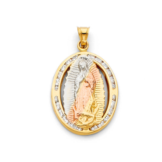 14K Tri-Color Gold Oval Virgin Guadalupe CZ Medallion Pendant aprox 1" tall