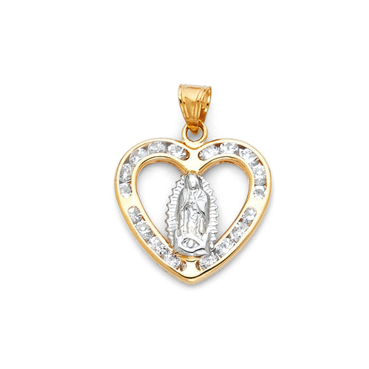 14K Two-Tone Gold Heart Virgin Guadalupe CZ Medallion Pendant aprox 1" tall
