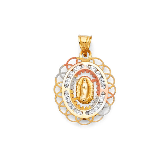 14K Tri-Color Gold Filigree Virgin Guadalupe CZ Medallion Pendant aprox 1" tall