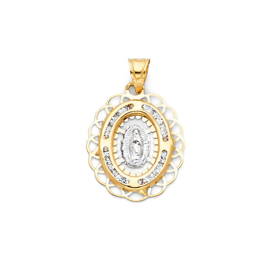 14K Two-Tone Gold Filigree Virgin Guadalupe CZ Medallion Pendant aprox 1" tall