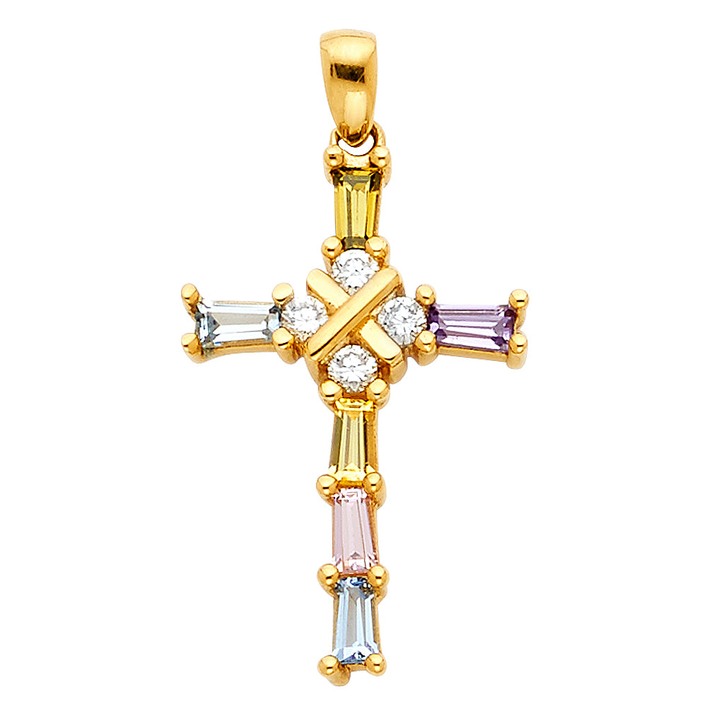 14K Yellow Gold Multicolor CZ Cross Pendant aprox 3/4" tall