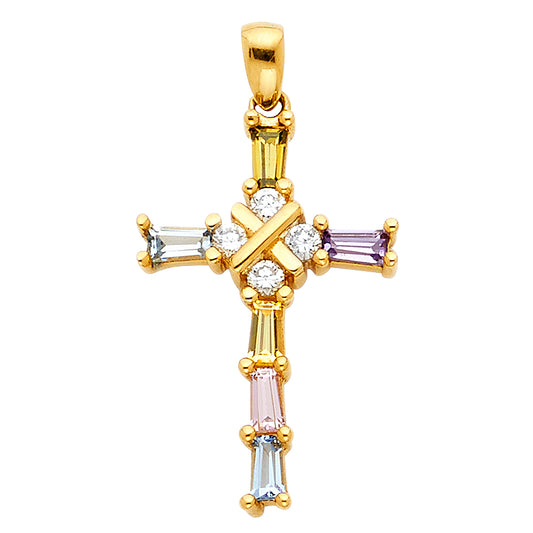 14K Yellow Gold Multicolor CZ Cross Pendant aprox 3/4" tall