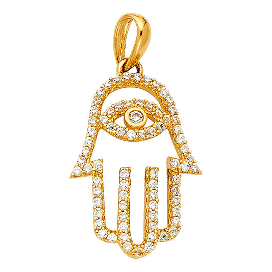14K Yellow Gold Hamsa Hand Evil Eye CZ Pendant