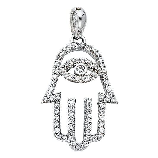 14K White Gold Hamsa Hand Evil Eye CZ Pendant