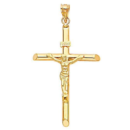 14K Yellow Gold High-Polished Tube Crucifix Pendant with INRI & Christ Figure aprox 2.5" Tall
