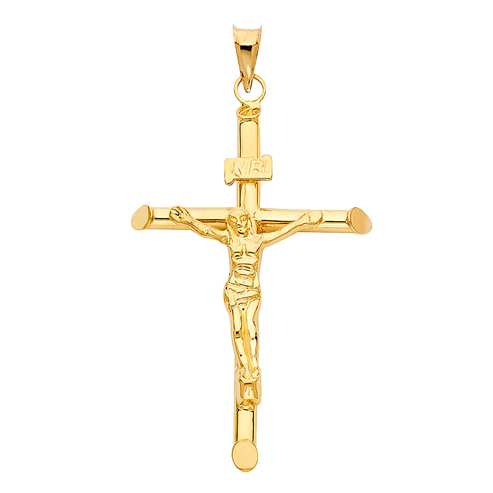 14K Yellow Gold High-Polished Tube Crucifix Pendant with INRI & Christ Figure aprox 2 1/4" Tall