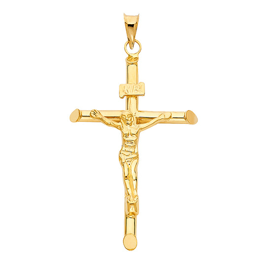 14K Yellow Gold High-Polished Tube Crucifix Pendant with INRI & Christ Figure aprox 2 1/4" Tall