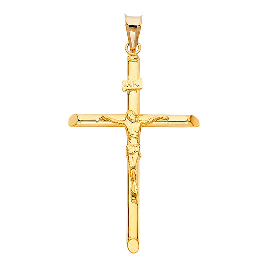 14K Yellow Gold High-Polished Tube Crucifix Pendant with INRI & Christ Figure aprox 2" Tall