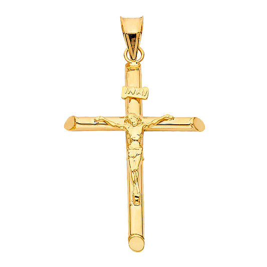 14K Yellow Gold High-Polished Tube Crucifix Pendant with INRI & Christ Figure aprox 1.5" Tall