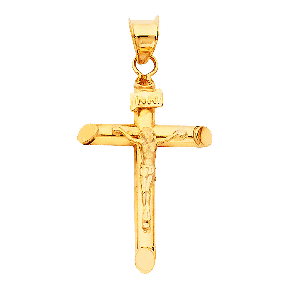 14K Yellow Gold High-Polished Tube Crucifix Pendant with INRI & Christ Figure aprox 1.5" Tall