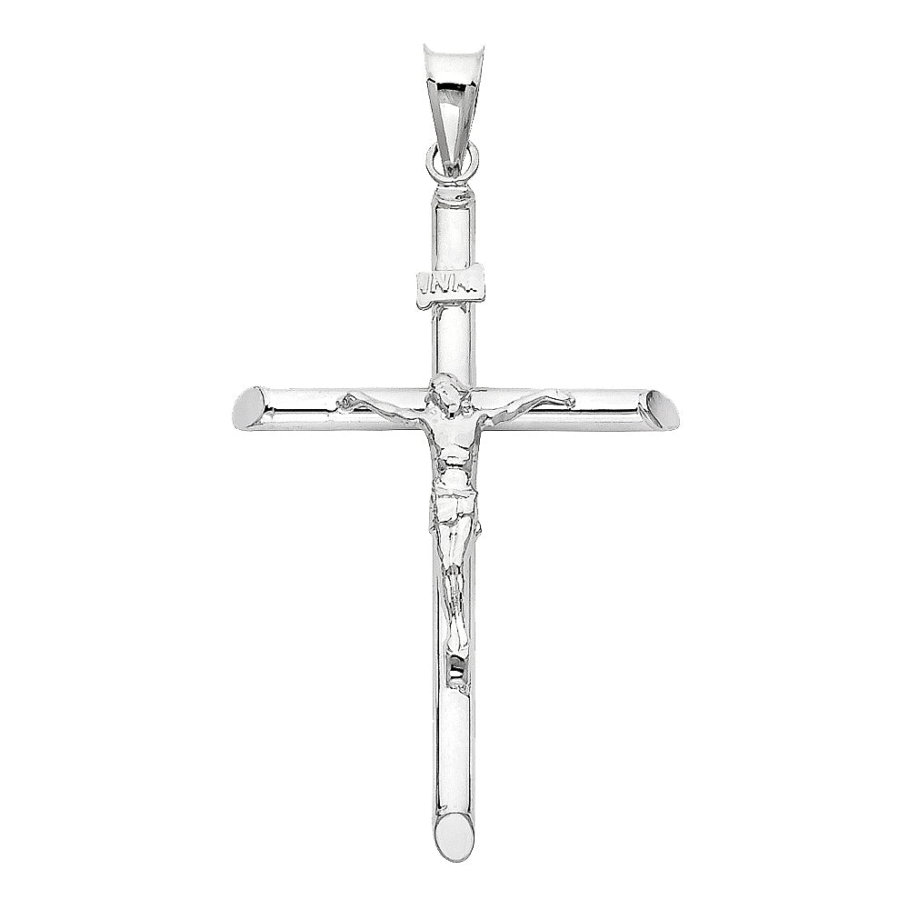 14K White Gold High-Polished Tube Crucifix Pendant with INRI & Christ Figure  aprox 2" Tall