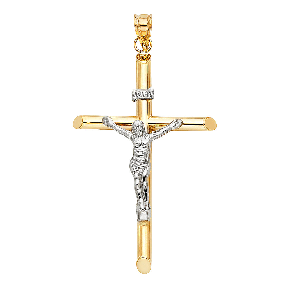 14K Two-Tone Gold High-Polished Tube Crucifix Pendant with White Gold Christ & INRI Aprox 2 1/2" Tall