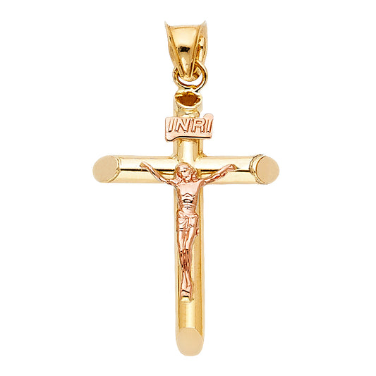14K Two-Tone Gold High-Polished Tube Crucifix Pendant with Rose Gold Christ Figure aprox 1/4" Tall