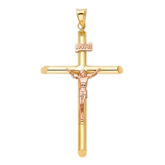 14K Two-Tone Gold High-Polished Tube Crucifix Pendant with Rose Gold Christ Figure aprox 1.5" Tall