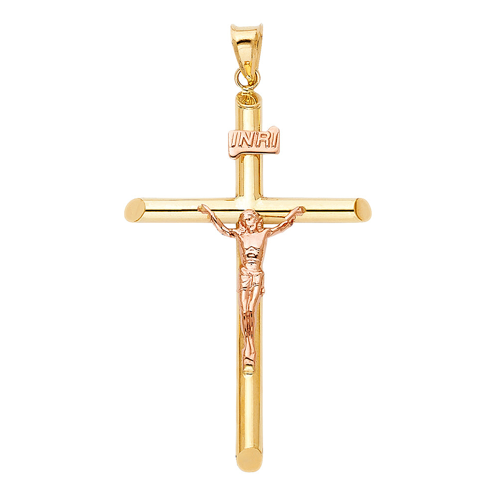 14K Two-Tone Gold High-Polished Tube Crucifix Pendant with Rose Gold Christ Figure aprox 2 1/4" Tall