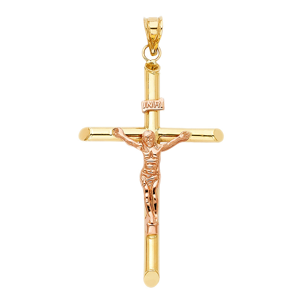 14K Two-Tone Gold High-Polished Tube Crucifix Pendant with Rose Gold Christ Figure aprox 2.5" Tall