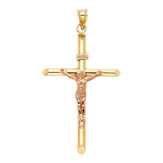 14K Two-Tone Gold High-Polished Tube Crucifix Pendant with Rose Gold Christ Figure aprox 2.5" Tall