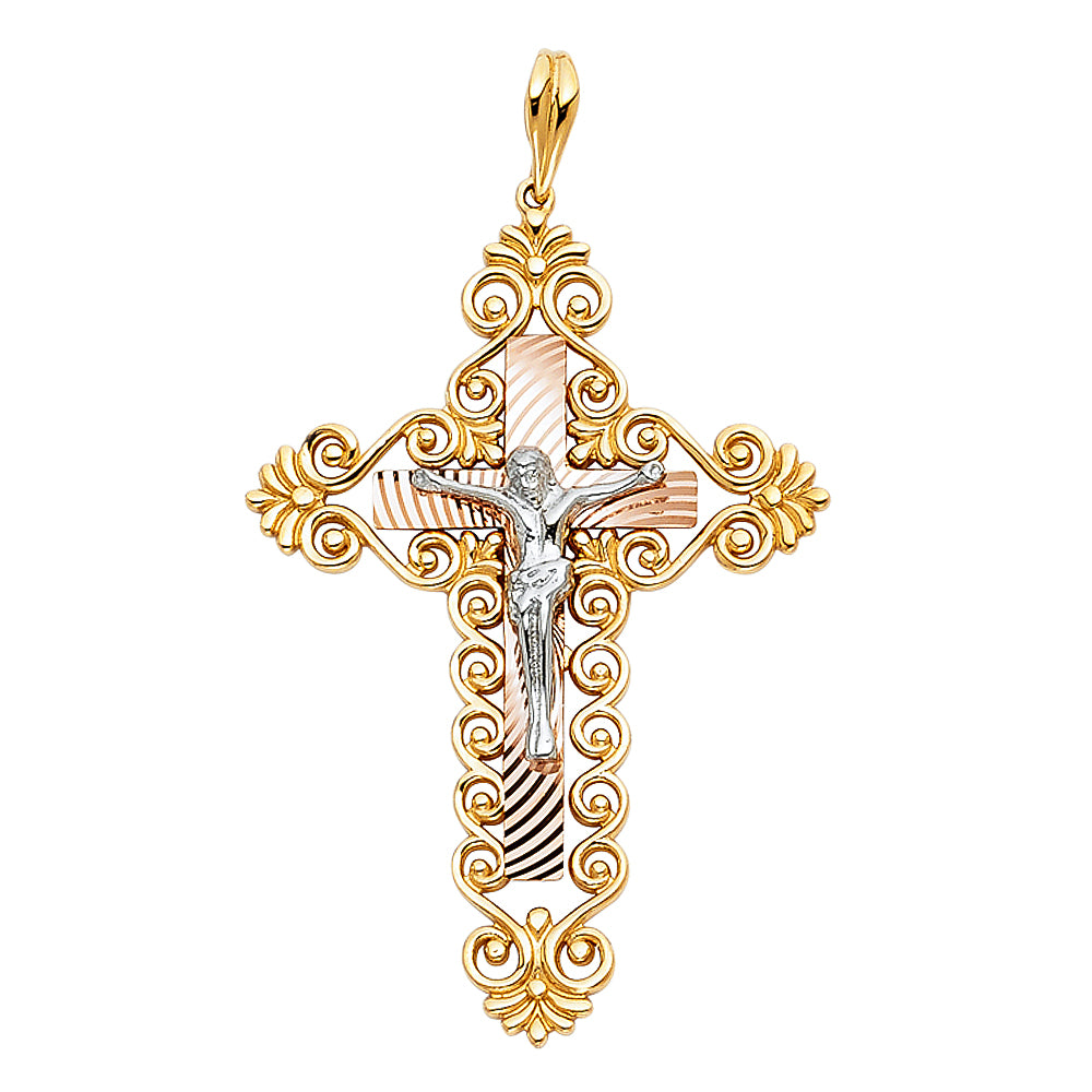 14K Tri-Color Gold Filigree Design Crucifix Pendant aprox 1 3/4" tall