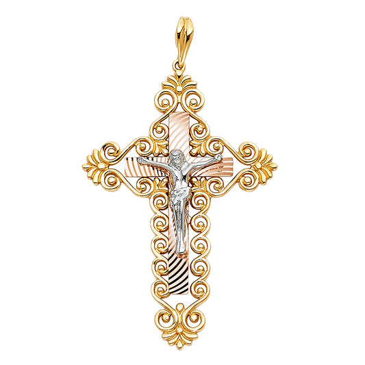 14K Tri-Color Gold Filigree Design Crucifix Pendant aprox 1 3/4" tall