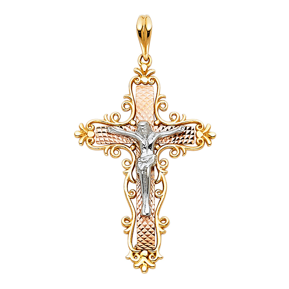 14K Tri-Color Gold Filigree Design Crucifix Pendant aprox 1 1/2" tall