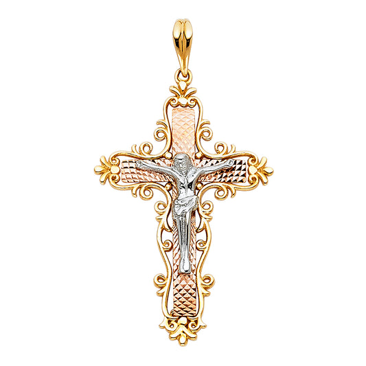 14K Tri-Color Gold Filigree Design Crucifix Pendant aprox 1 1/2" tall