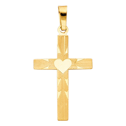 14K Yellow Gold Diamond-Cut Heart Center Cross Pendant aprox 3/4" tall