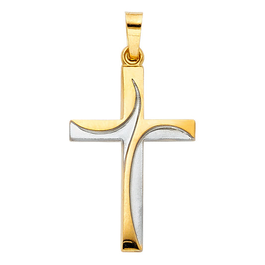 14K Two-Tone Gold Modern Curved Inlay Cross Pendant aprox 1" tall