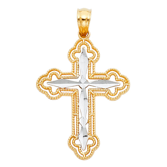 14K Two-Tone Gold Filigree Diamond-Cut Cross Pendant aprox 1" tall
