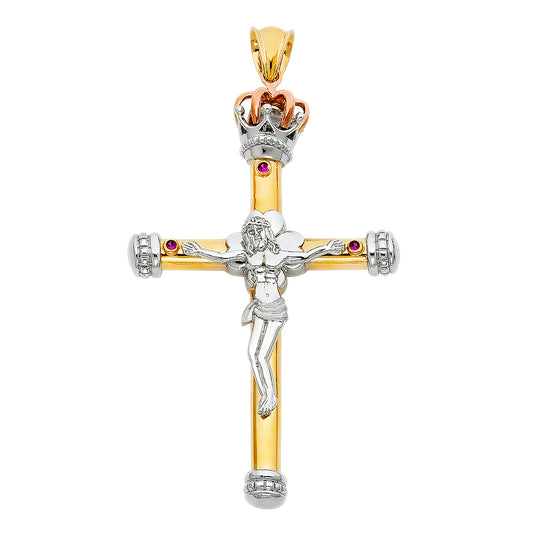 14K Tri-Color Gold High-Polished Crucifix Pendant with Synthetic Red Ruby CZ aprox 2 3/4" tall
