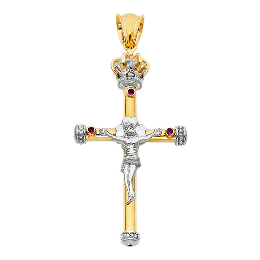 14K Tri-Color Gold High-Polished Crucifix Pendant with Synthetic Red Ruby CZ aprox 2" tall